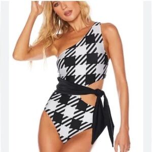 Beach Riot Carlie One Shoulder Cutout Houndstooth Swimsuit
